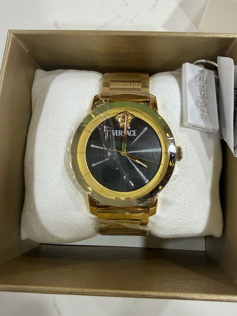 Versace Gold-Tone Bracelet Watch with Black Sunray Dial